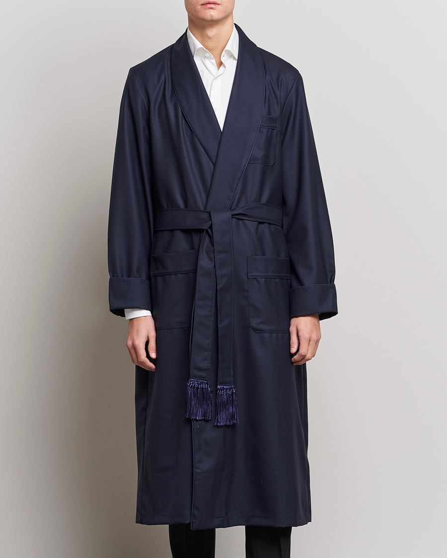 Men's Dressing Gown Green Navy Plaid Cotton With Silver Satin And Piping |  Baturina Homewear